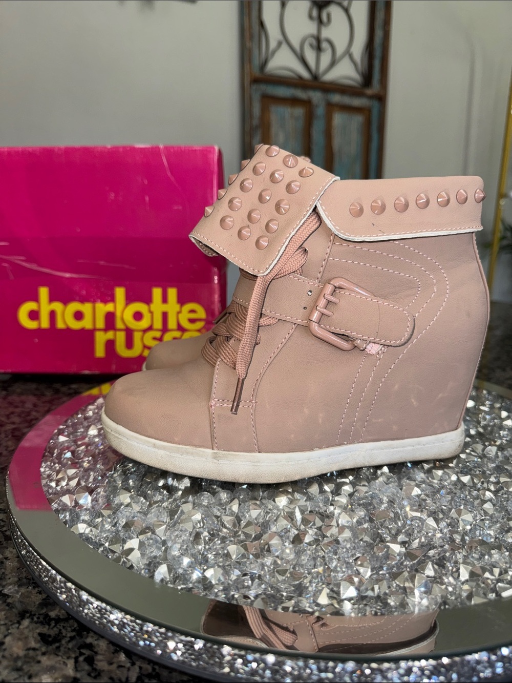 Charlotte Russe Nude Blush Wedge High-Top Sneakers with Studded Cuff